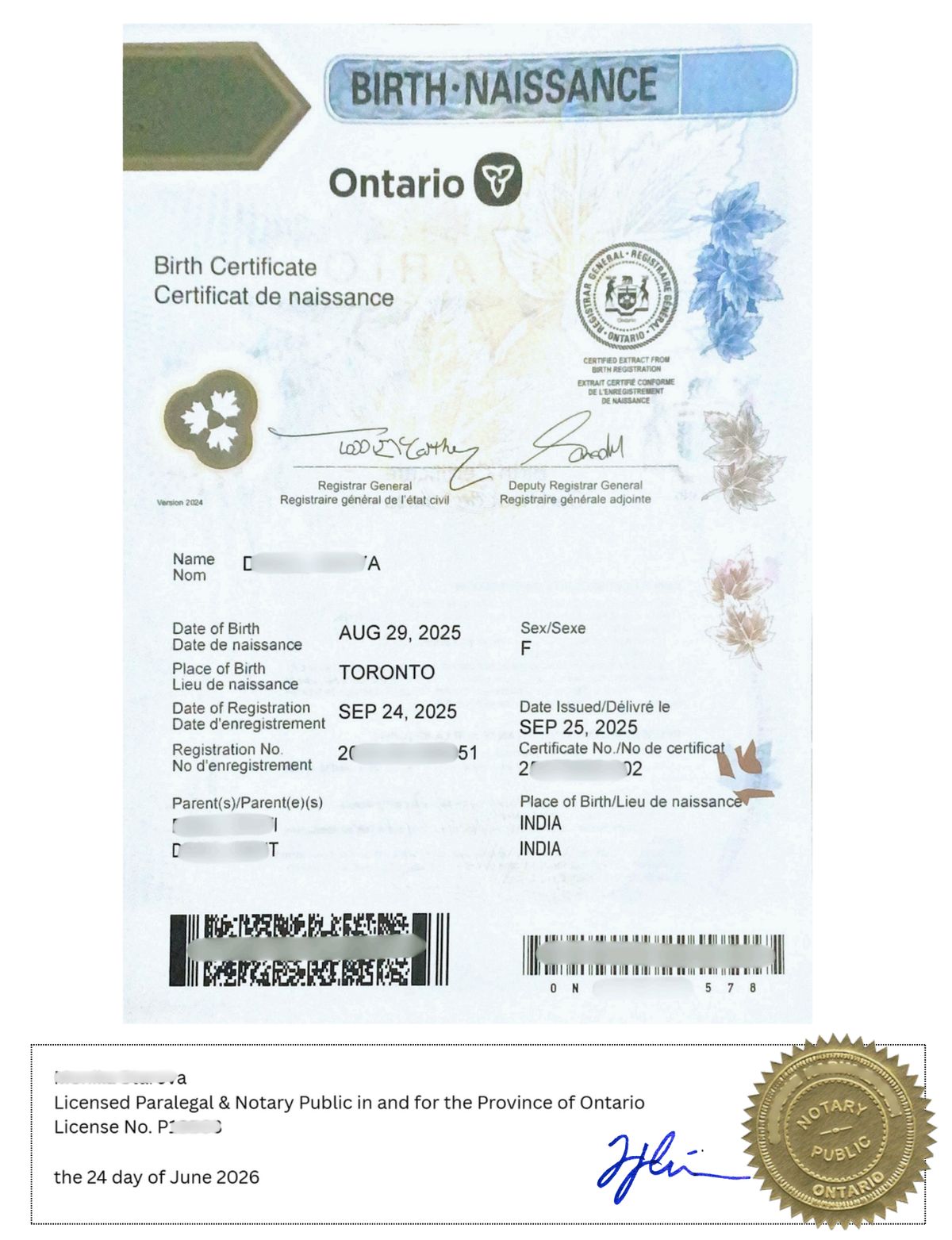 Notarized Ontario birth certificate — sample (personal details blurred for privacy)