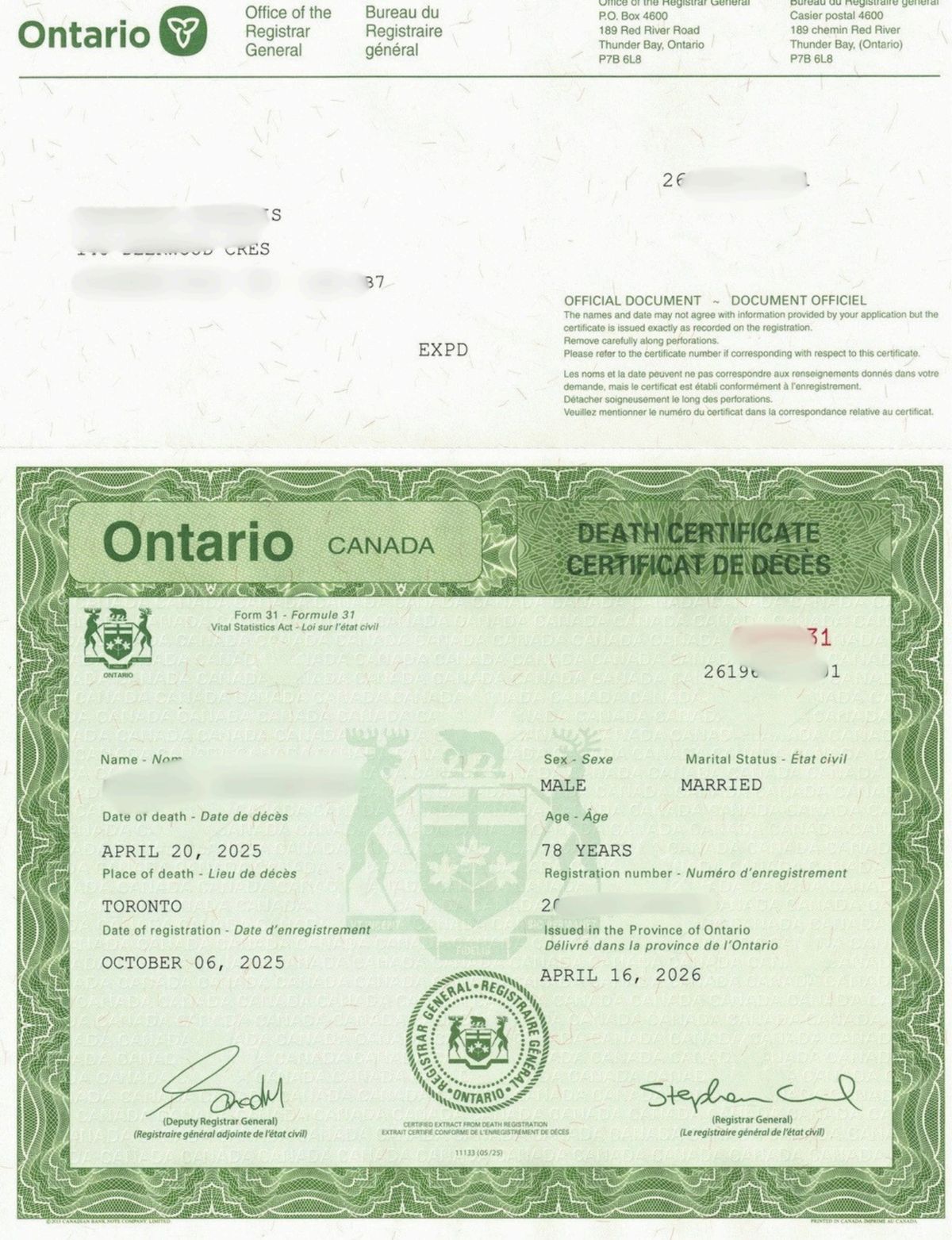 Original Ontario death certificate — sample (personal details blurred for privacy)